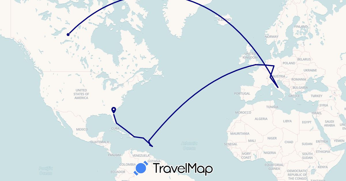 TravelMap itinerary: driving in Barbados, Canada, Switzerland, Germany, Dominica, Dominican Republic, France, United Kingdom, Italy, Saint Lucia, United States (Europe, North America)
